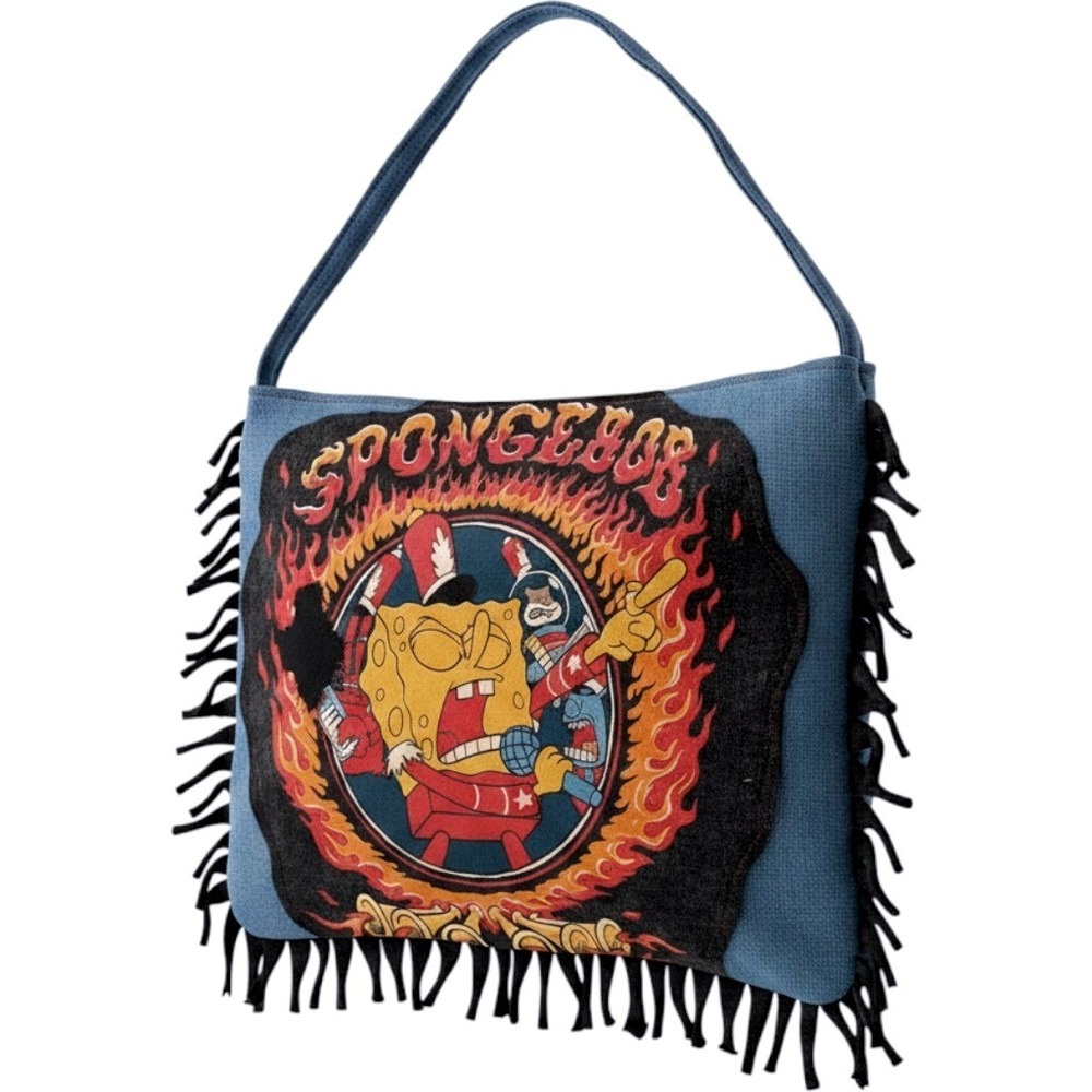 Upcycled SpongeBob Tote Bag Womens Large Denim Fringe Festival Grunge Handmade